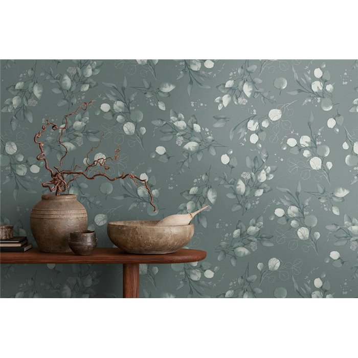 Papel pintado floral plateado y verde, hojas de eucalipto - Papeldecor Essence 2026397683