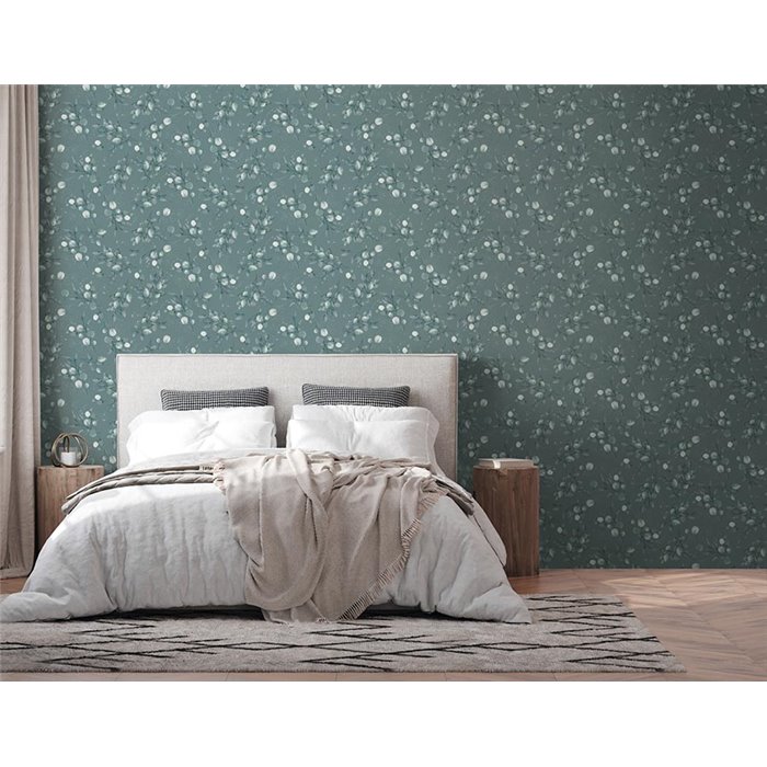 Papel pintado floral plateado y verde, hojas de eucalipto - Papeldecor Essence 2026397683