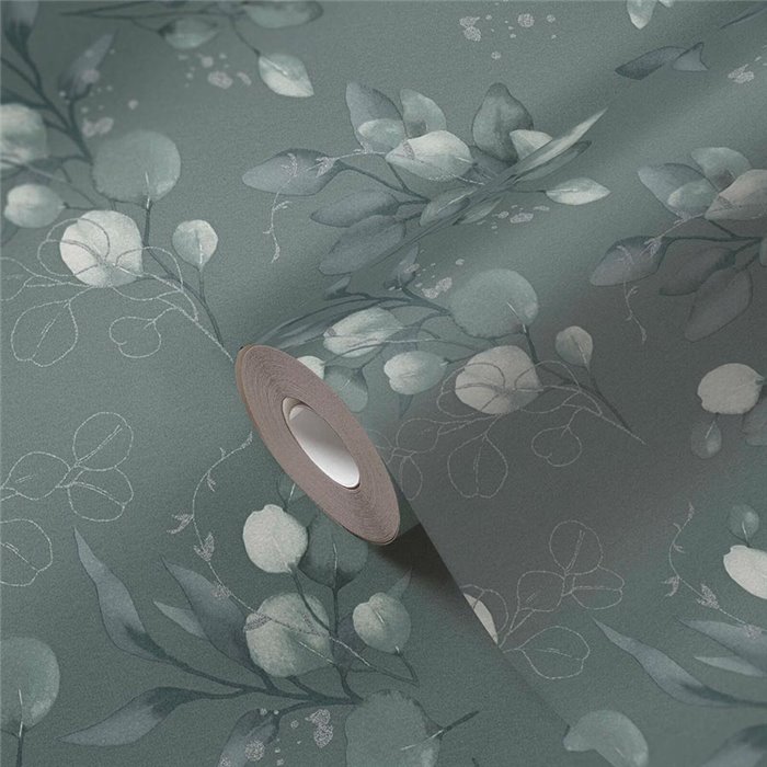 Papeldecor|Tapete Blumen Silber und Grün Eukalyptusblätter|Tapeten