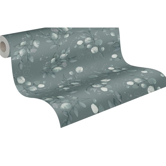 Papel pintado floral plateado y verde, hojas de eucalipto - Papeldecor Essence 2026397683