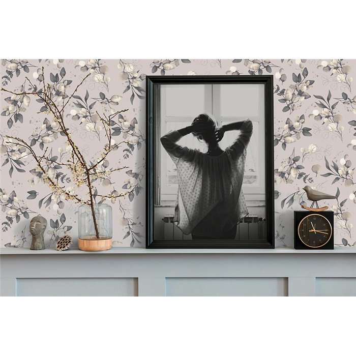 Papeldecor|Papel pintado floral hojas eucalipto beige y negro|Papel Pintado