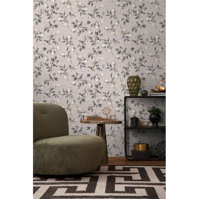 Papeldecor|Papel pintado floral hojas eucalipto beige y negro|Papel Pintado