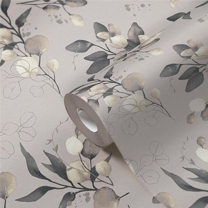 Papeldecor|Papel pintado floral hojas eucalipto beige y negro|Papel Pintado