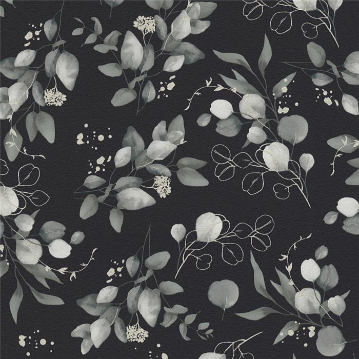 Papeldecor|Papel pintado floral hojas eucalipto gris y negro|Floral