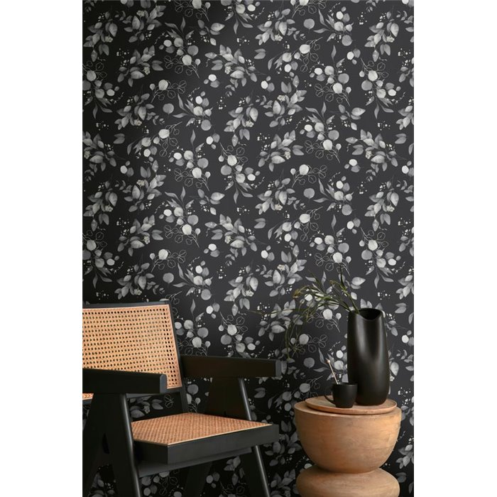 Papeldecor|Papel pintado floral hojas eucalipto gris y negro|Floral