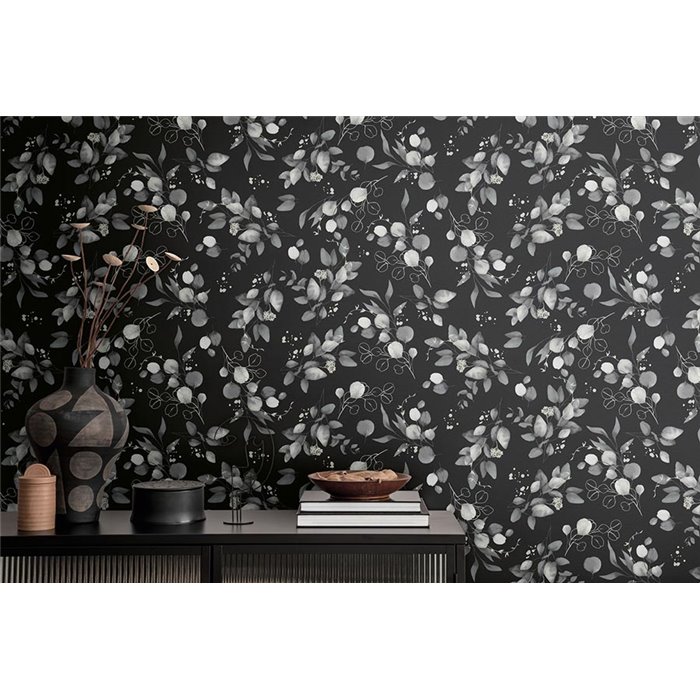 Papeldecor|Papier peint floral feuilles d'eucalyptus gris et noir|Floral