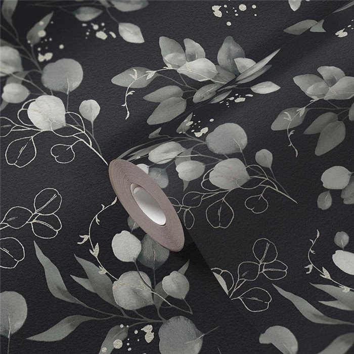 Papeldecor|Papier peint floral feuilles d'eucalyptus gris et noir|Floral