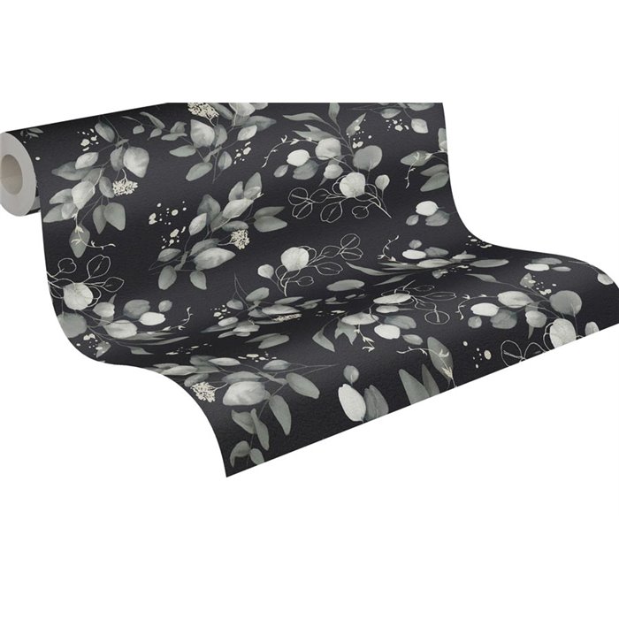 Papeldecor|Papier peint floral feuilles d'eucalyptus gris et noir|Floral