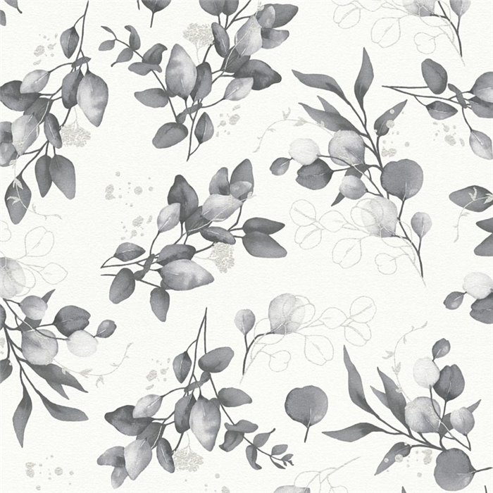 Papeldecor|Papel pintado floral hojas eucaliptos blanco y negro|Floral