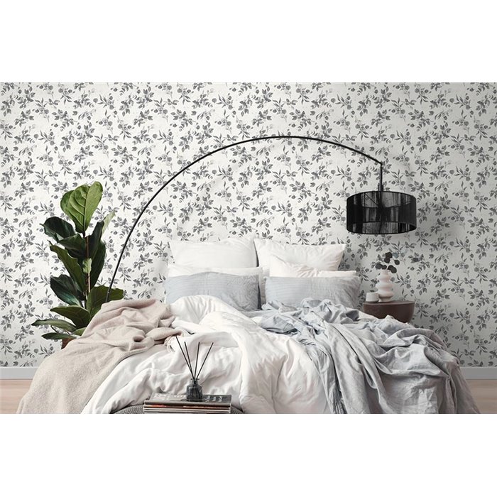 Papeldecor|Papel pintado floral hojas eucaliptos blanco y negro|Floral