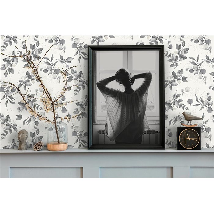 Papeldecor|Papel pintado floral hojas eucaliptos blanco y negro|Floral