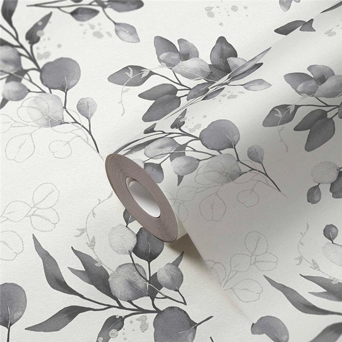 Papeldecor|Papier peint floral feuilles d'eucalyptus blanc et noir|Floral