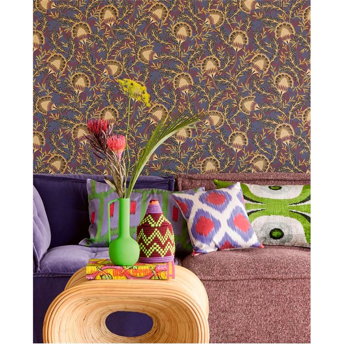 Eijffinger|Modern ethnic floral wallpaper in purple and gold|Floral