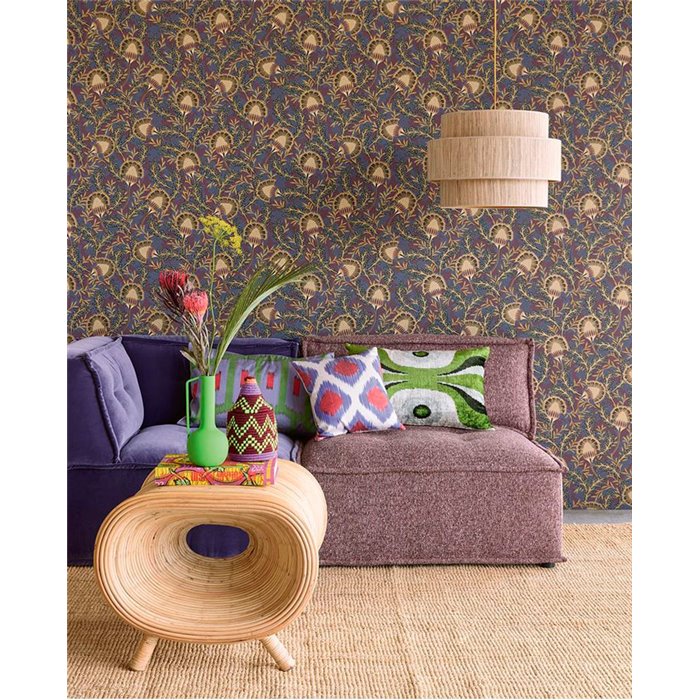 Eijffinger|Modern ethnic floral wallpaper in purple and gold|Floral