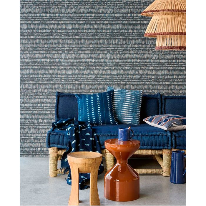 Eijffinger|Moderne ethnische Rafia-Batik-Tapete blau|Raffiaimitation