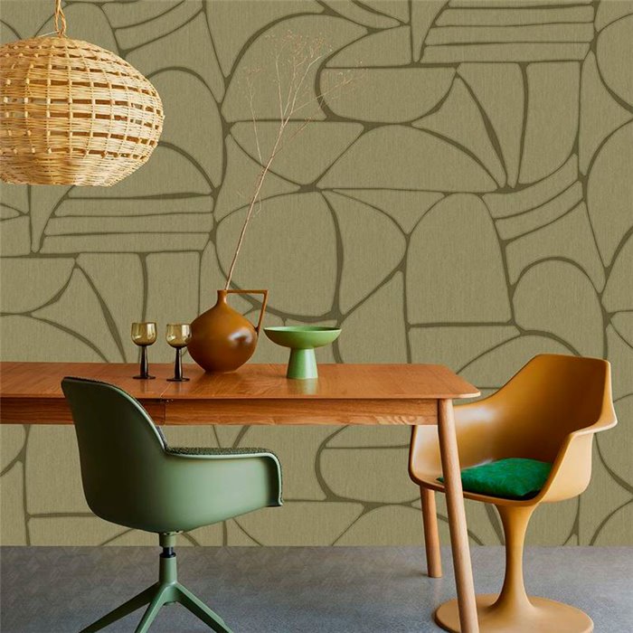 Eijffinger|Mural pared formas dibujadas a mano verde caqui|Murales de Pared