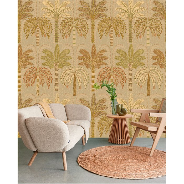Eijffinger|Papier peint panoramique palmiers et feuilles tropicales beige ocre|Panoramiques