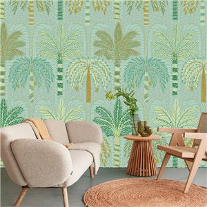 Eijffinger|Papier peint panoramique palmiers et feuilles tropicales beige ocre|Panoramiques