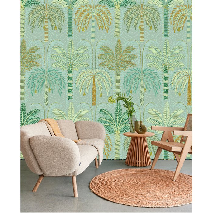 Eijffinger|Papier peint panoramique palmiers et feuilles tropicales vert clair|Panoramiques