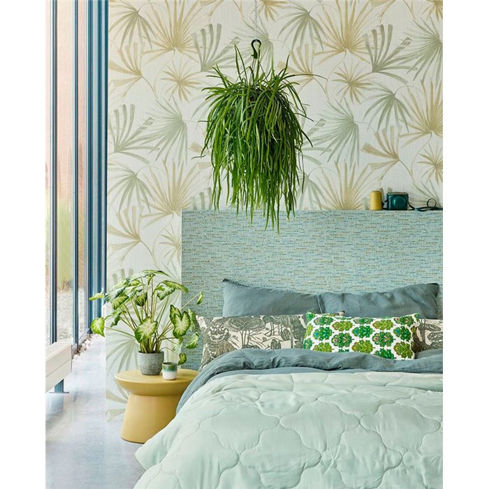 Eijffinger|Urban jungle style blue-green tropical palm leaf wallpaper|Tropical