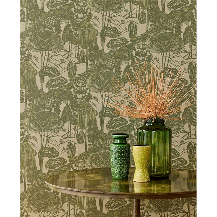Eijffinger|Urban jungle style green linen toile de Jouy wallpaper|Floral