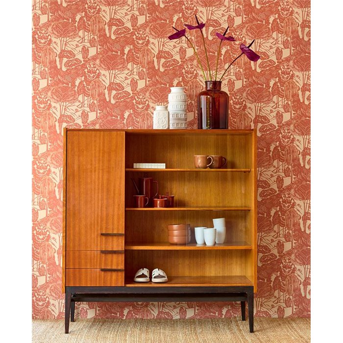 Eijffinger|Mid-Century Modern Tapete Toile de Jouy aus Leinen in Orange|Tapeten
