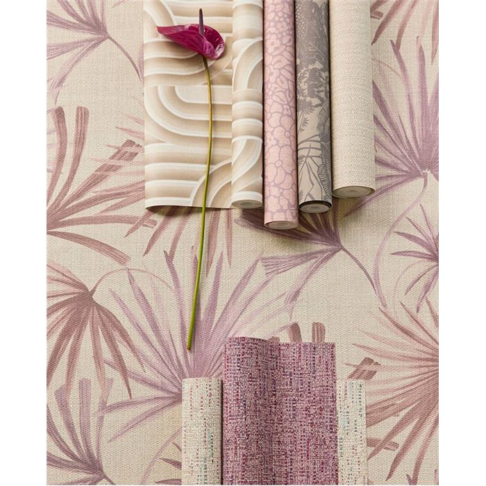 Eijffinger|Romantische Tapete mit Jute-Optik in Fliederlila, floral|Blumen