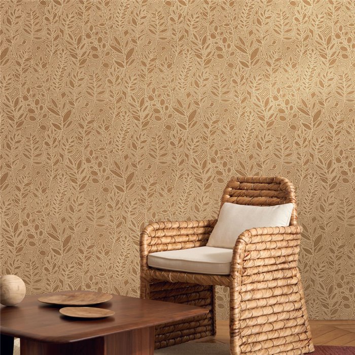 Casamance|Wallpaper linen brown with embroidered leaves|Wallpaper