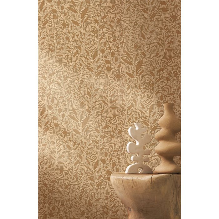 Casamance|Wallpaper linen brown with embroidered leaves|Wallpaper