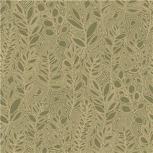 Casamance|Papier peint lin vert avec feuilles brodées|Papier Peint