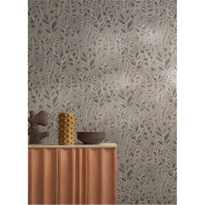 Casamance|Papier peint lin noir et gris avec feuilles brodées|Papier Peint