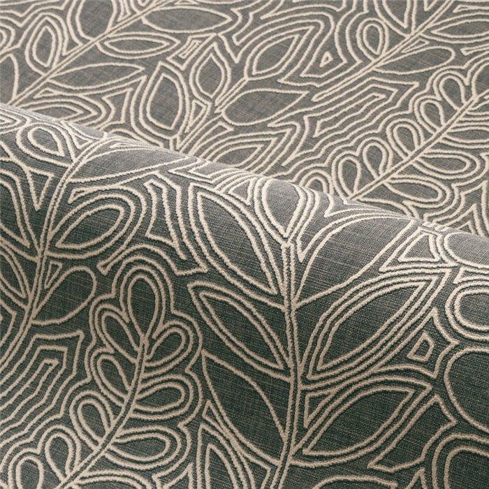 Casamance|Leinentapete schwarz-grau mit bestickten Blättern|Tapeten