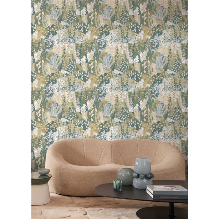 Casamance|Wallpaper garden with heathers and flowers green and lilac|Wallpaper