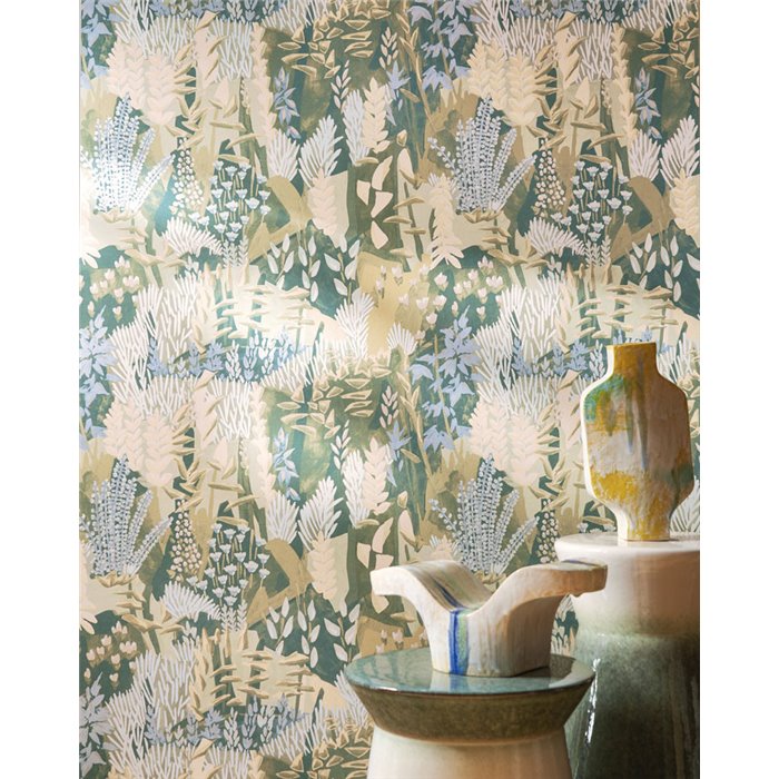 Casamance|Papel pintado jardín con brezos y flores verde y lila|Papel Pintado