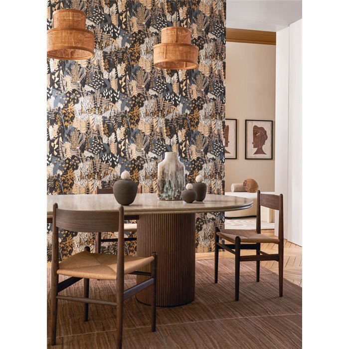 Casamance|Papel pintado plantas de jardín gris oscuro y marrón|Papel Pintado