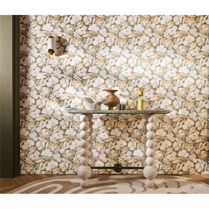 Casamance|Papel pintado flores superpuestas verde y perlado|Papel Pintado