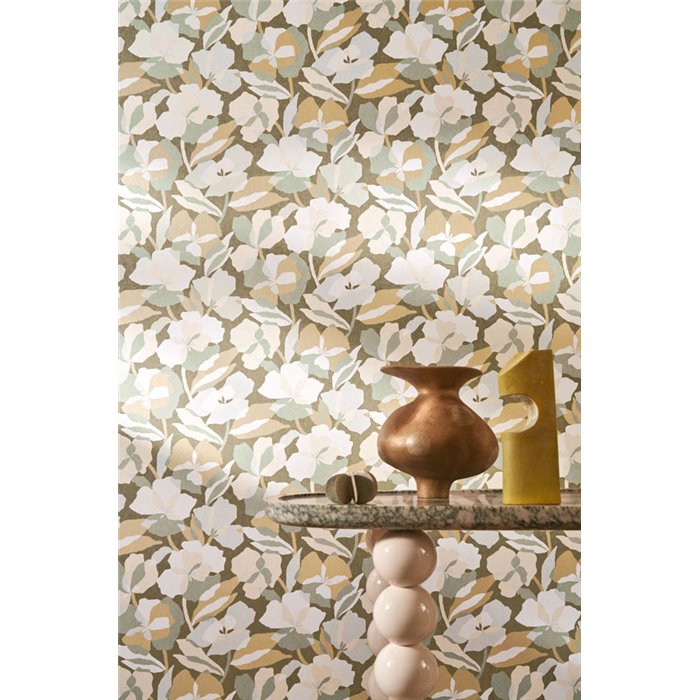 Casamance|Papel pintado flores superpuestas verde y perlado|Papel Pintado
