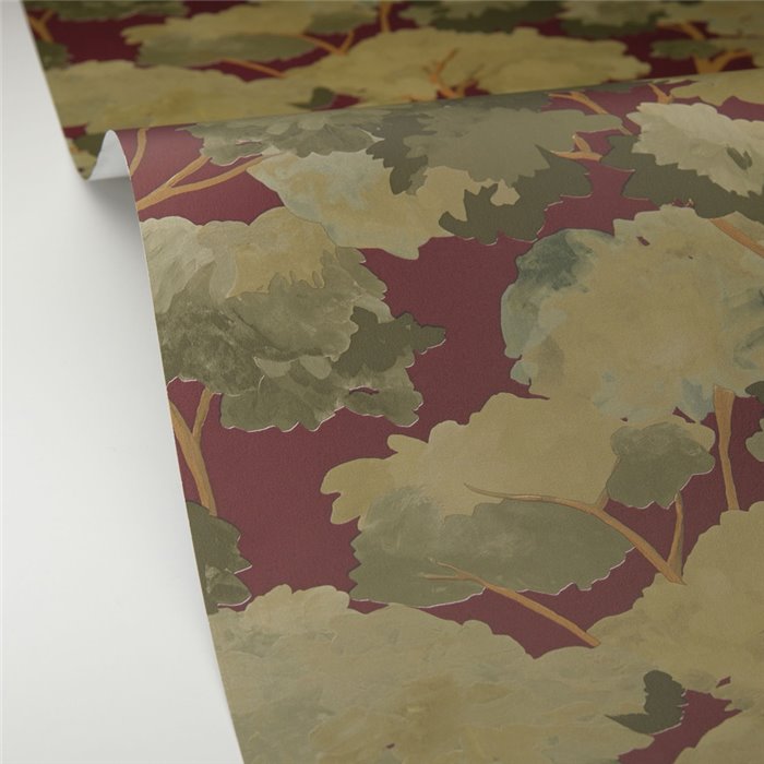 Caselio|Watercolor forest wallpaper with burgundy trees|Wallpaper
