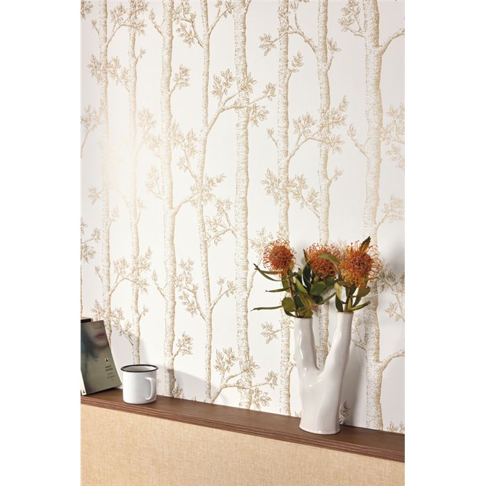 Caselio|Papel pintado grabado de árboles beige estilo minimalista|Papel Pintado