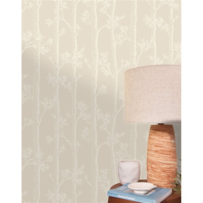 Caselio|Papel pintado minimalista beige con árboles en otoño|Floral
