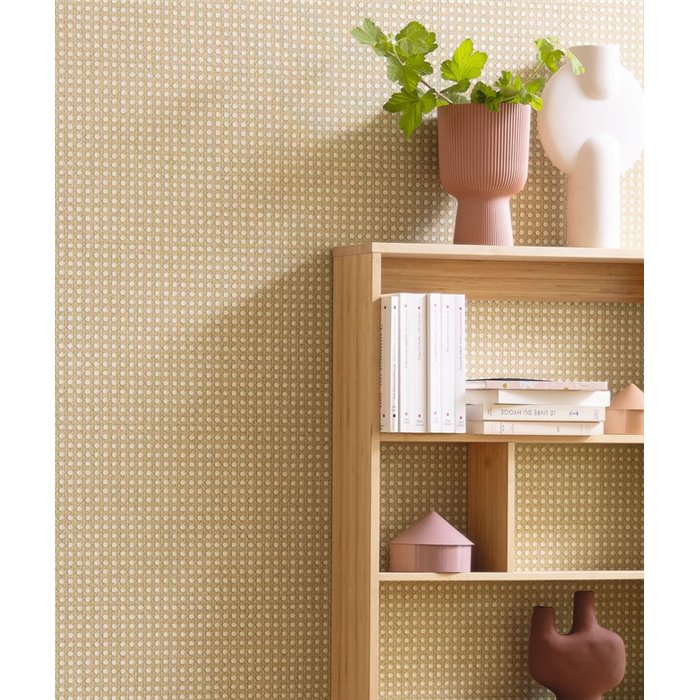Caselio|Beige braided wicker mesh wallpaper|Raffia Imitation