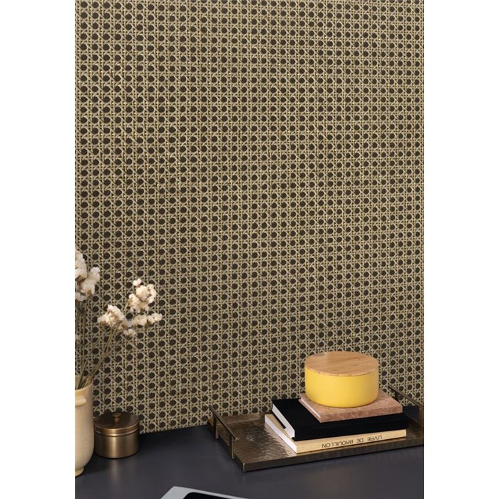 Caselio|Black braided wicker mesh wallpaper|Raffia Imitation