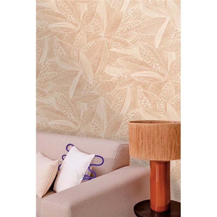 Caselio|Papel pintado floral para salón, estampado hojas marrón|Papel Pintado