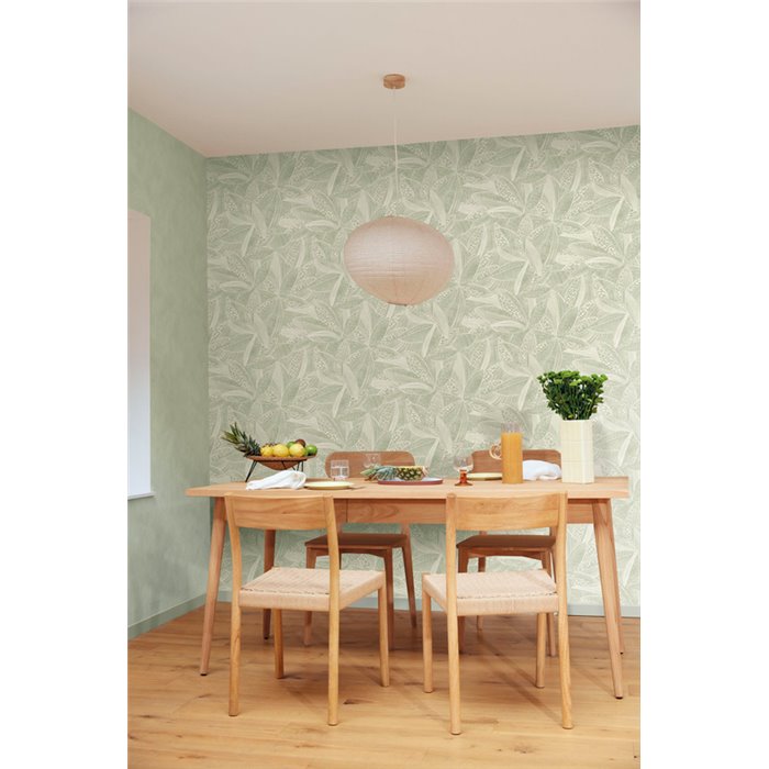 Caselio|Papel pintado floral hojas verde ideal para comedor|Papel Pintado