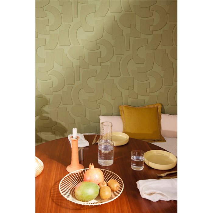 Caselio|Papel pintado moderno verde con figuras geométricas 3D|Papel Pintado