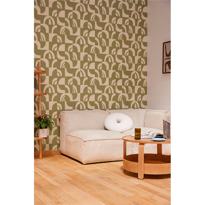 Papel pintado geométrico verde caqui para salón - Caselio Origine 106077177