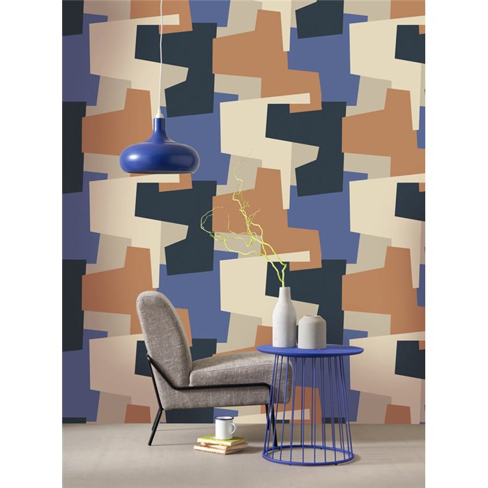 Casadeco|Papel pintado geométrico estilo moderno azul y marrón|Moderno