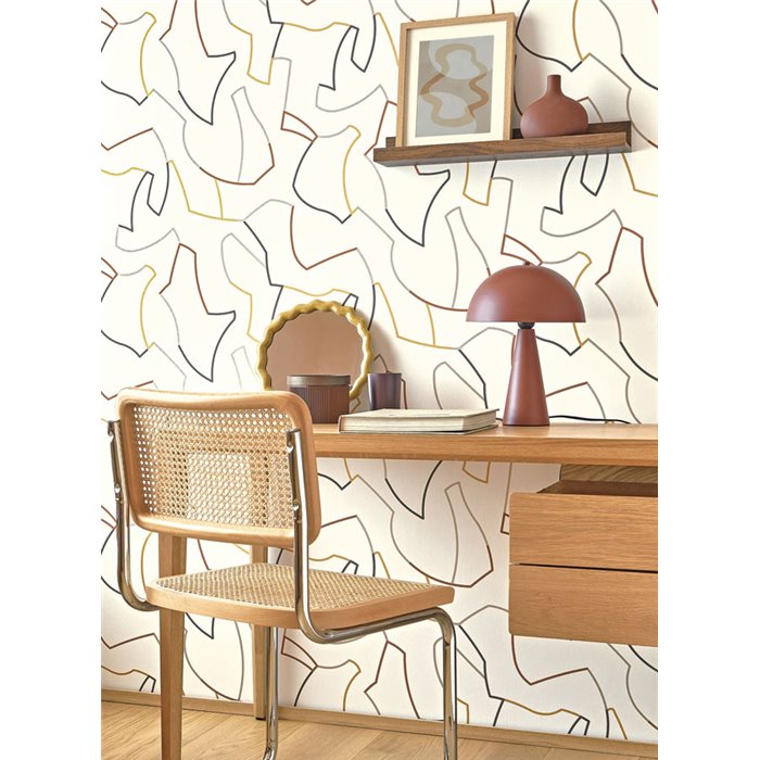 Casadeco|Papel pintado laberinto minimalista blanco y multicolor |Hosteleria