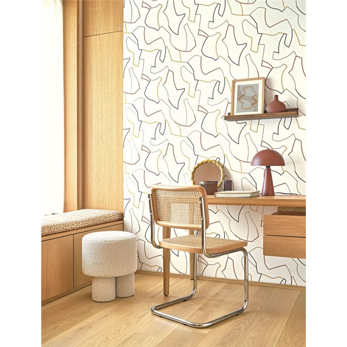 Casadeco|Papier peint labyrinthe minimaliste blanc et multicolore|Hôtellerie