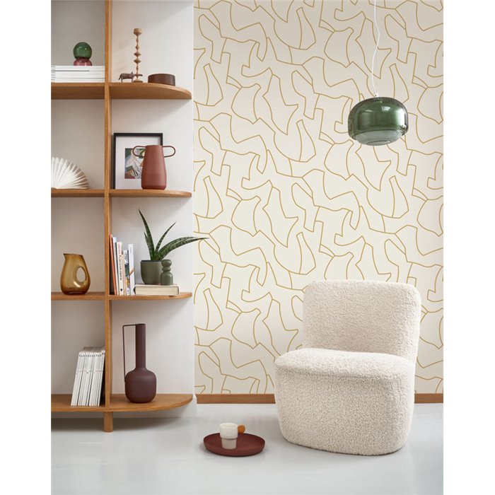 Casadeco|Modern beige and gold wallpaper with labyrinth pattern|Minimalist